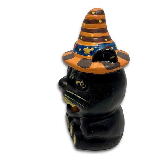 Vintage Ceramic Witches Black Cat Tea Light Holder Statue. RARE Halloween Decor. - Picture 3 of 8